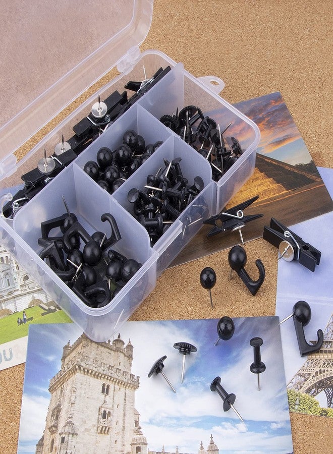 Yalis Black Push Pins Set, 5 Styles 140-count Thumb Tacks Map Pins, Steel Point and Dark Plastic Head Pushpins Black Thumbtacks for Cork Board Bulletin Boards (Black-140pcs) - Image 4